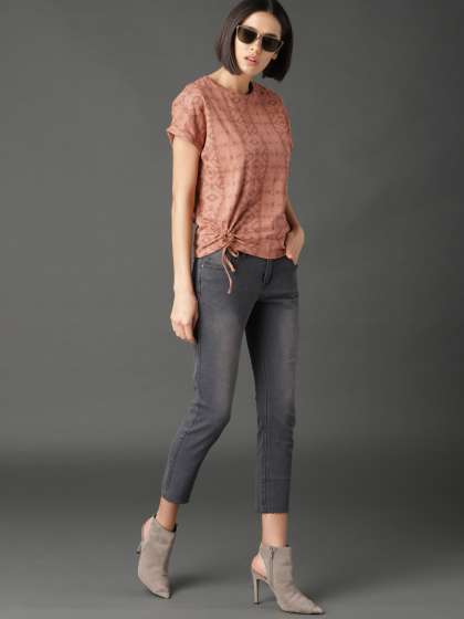 Roadster Women Beige Printed Pure Cotton Top with Tie-up Detail