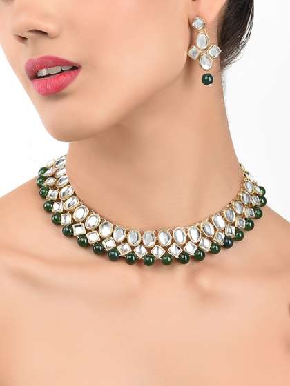 Zaveri Pearls Gold
                        Toned Kundan & Green Beads Jewellery Set