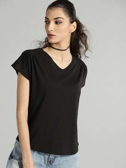 Roadster Women Black Solid Relaxed Fit Cotton Top