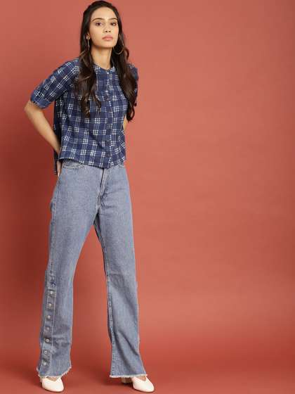 Taavi X fwd Blue & White Indigo Hand Block Print High-Low Pure Cotton Top with Gathers Detail