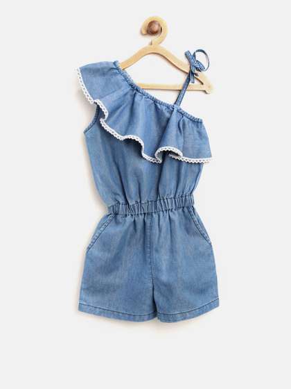 StyleStone Blue Solid
                    One-Shoulder Denim Playsuit