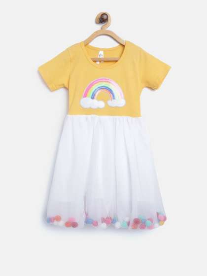 StyleStone Girls Yellow
                    & White Self Design Fit & Flare Dress