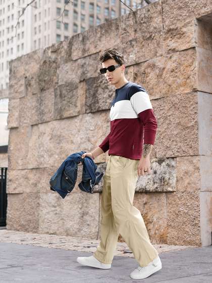 Roadster The Lifestyle Co Men Navy Blue Maroon Colourblocked Henley Neck Cotton T-shirt