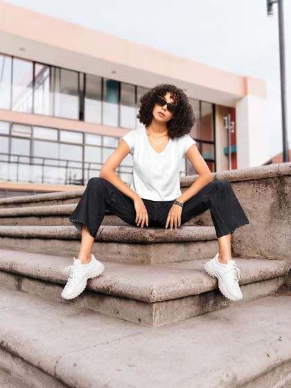 Roadster Women White
                        Solid V-Neck Cotton T-shirt