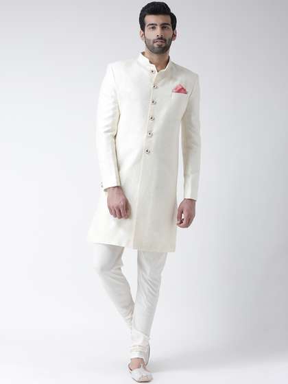 KISAH Men White
                          Woven Design Indowestern Sherwani