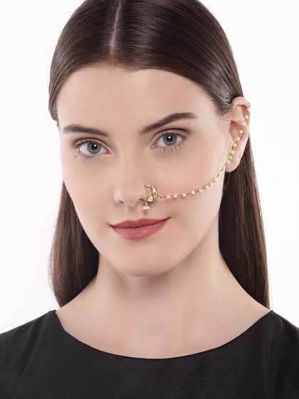 AccessHer
                        Gold-Plated Vilandi Kundan Stone and
                        Pearl-Studded Chained Nose Ring