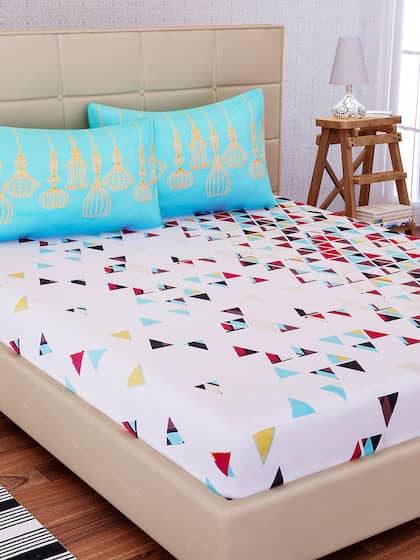 SEJ by Nisha Gupta White & Blue Flat 180 TC 1 King Bedsheet with 2 Pillow Covers