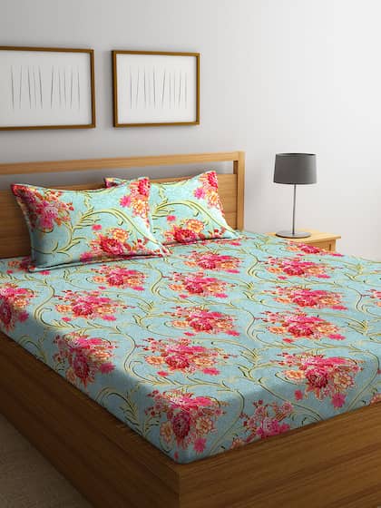 ROMEE Sea Green & Pink Floral 144 TC Cotton 1 Queen Bedsheet with 2 Pillow Covers