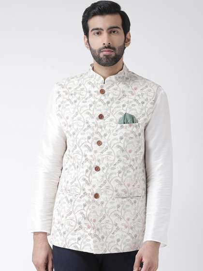 KISAH Men
                        Cream-Coloured & Red Printed Pure Cotton
                        Nehru Jacket