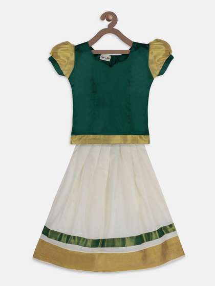 BownBee Girls Green
                    & White Solid Ready to Wear Pattu Pavadai