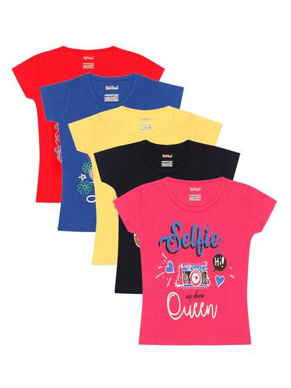 Kiddeo Girls Pack of 5 Multicoloured Printed Round Neck T-shirts