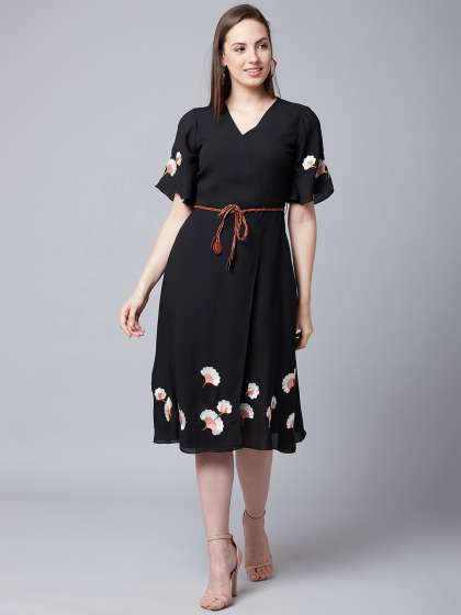 Athena Women Black Embroidered Wrap Dress