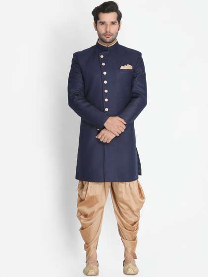 VASTRAMAY Men Navy
                        Blue & Gold-Toned Sherwani Set
