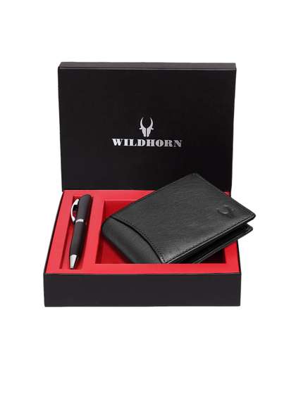 WildHorn Men Black &
                    Silver-Toned RFID Protected Genuine Leather
                    Accessory Gift Set