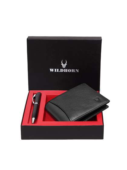 WildHorn Men Black
                      & Silver-Toned RFID Protected Genuine Leather
                      Accessory Gift Set