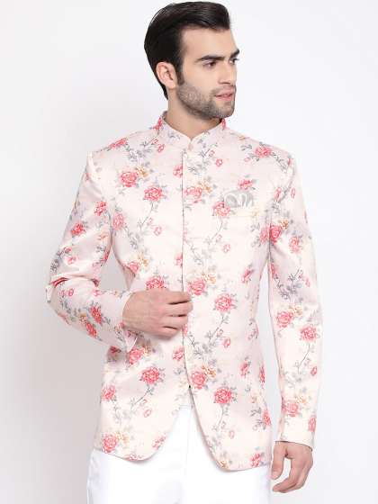 VASTRAMAY Men Peach & Pink Printed Tailored-Fit Bandhgala Blazer