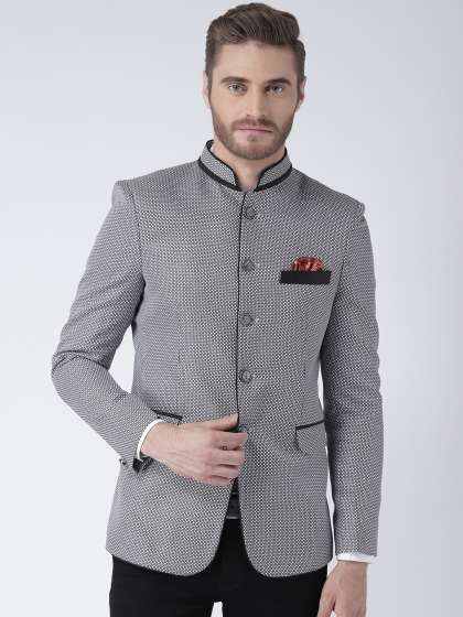 Hangup Men Black & White Printed Single-Breasted Bandhgala Blazer