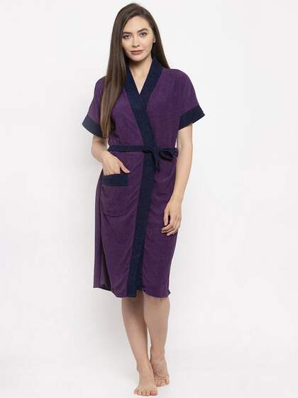 ELEVANTO Women Purple & Blue Colourblocked Bath Robe