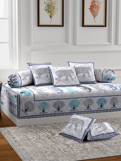 Rajasthan Decor Set of White & Blue Printed Single Bedsheet With Cushion & Bolster Covers