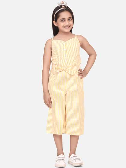 StyleStone Girls Yellow
                    & White Striped Basic Jumpsuit