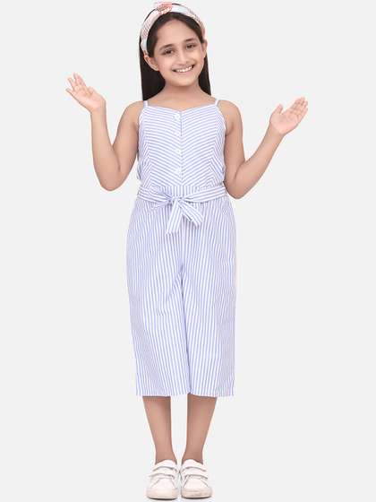 StyleStone Girls Blue
                      & White Striped Basic Jumpsuit