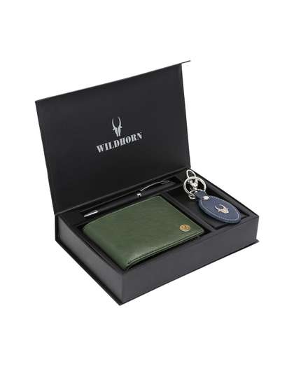WildHorn Men Green &
                    Blue RFID Protected Genuine Leather Wallet & Pen
                    Accessory Gift Set