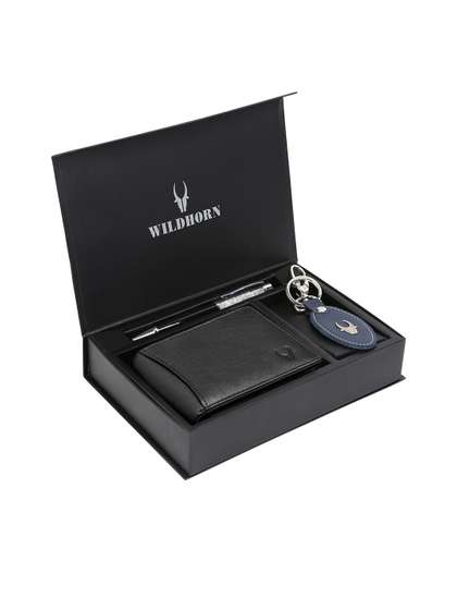 WildHorn Men Black &
                    Blue RFID Protected Genuine Leather Wallet & Pen
                    Accessory Gift Set