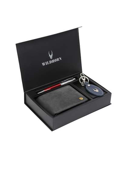 WildHorn Men Grey &
                    Blue RFID Protected Genuine Leather Wallet & Pen
                    Accessory Gift Set