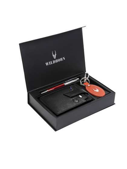 WildHorn Men Black &
                    Red RFID Protected Genuine High Quality Leather
                    Accessory Gift Set
