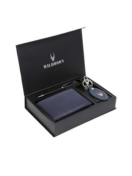 WildHorn Men Blue &
                    Black RFID Protected Genuine High Quality Leather
                    Accessory Gift Set
