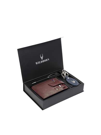 WildHorn Men Brown &
                    Blue RFID Protected Genuine High Quality Leather
                    Accessory Gift Set