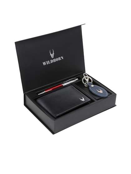WildHorn Men Black
                      & Blue RFID Protected Genuine High Quality
                      Leather Accessory Gift Set