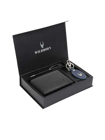 WildHorn Men Black &
                    Blue RFID Protected Genuine High Quality Leather
                    Accessory Gift Set