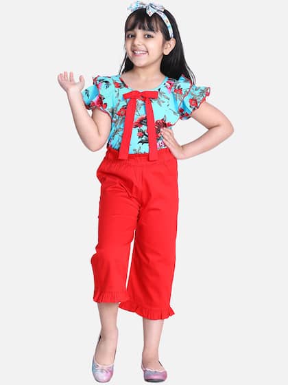 Cutiekins Girls Blue & Red Floral Printed Top with Capris