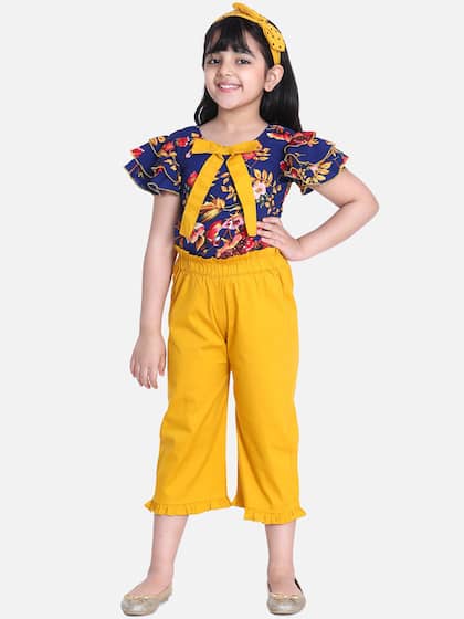 Cutiekins Girls Navy Blue & Yellow Printed Top With Capris