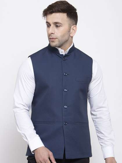 Wintage Men Blue
                          Solid Woven Design Nehru Jacket