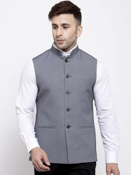 Wintage Men Grey
                        Woven Design Satin Nehru Jacket
