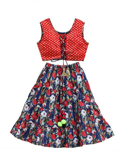 My Little Lambs Girls Navy Blue & Red Floral Print Cotton Ready to Wear Lehenga & Blouse