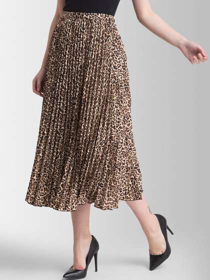 FableStreet Brown
                          & Beige Animal Printed Flared Midi Skirt