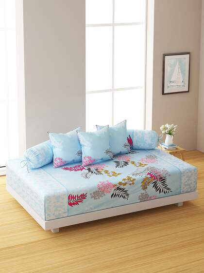 SWAYAM Set Of 6 Blue & Pink Printed 144 TC Bedsheet With Bolster & Cushion Covers