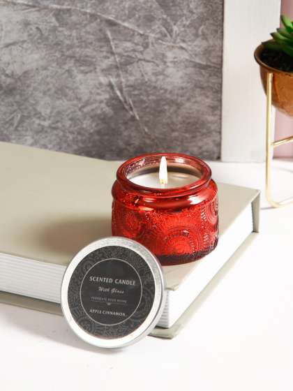 Aapno Rajasthan Red & White Textured Apple Cinnamon scented Glass Jar Candle
