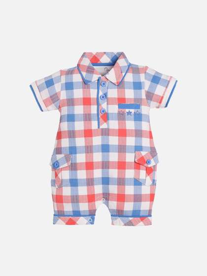 BABY GO Infants Kids
                      Red & Blue Checked Cotton Romper