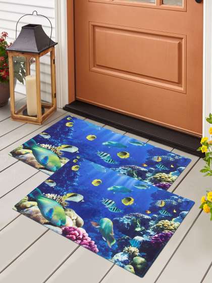 Story@home Set Of 2 Blue & Yellow Printed Anti-Skid Doormats