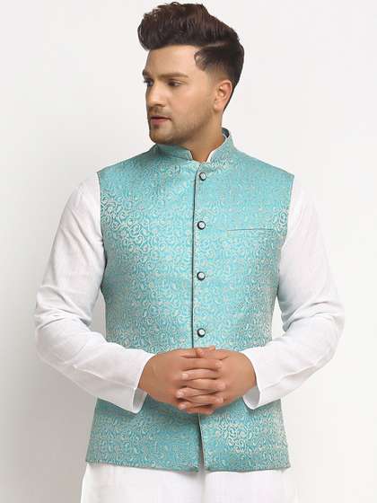 TREEMODA Men
                        Turquoise Blue Embellished Woven Nehru Jacket