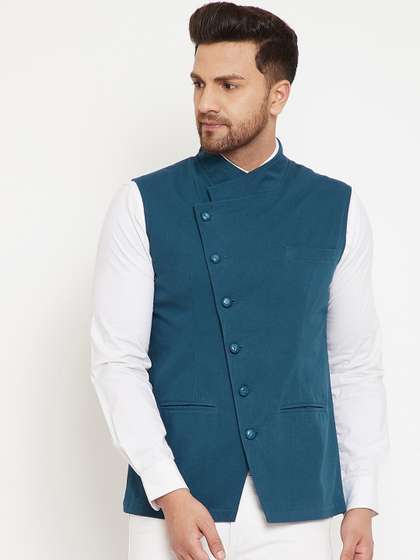 Hypernation Men Solid Woven Nehru Jacket