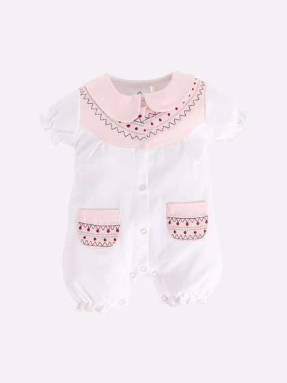 BABY GO Infant Girls
                    White & Pink Embroidered Pure Cotton Rompers