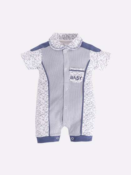 BABY GO Infant Boys
                    White & Blue Printed Pure Cotton Romper