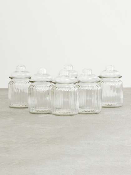 Home Centre Set Of 6 Transparent Air-Tight Textured Glass Storage Jars
