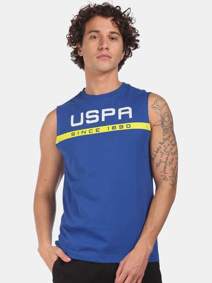 U.S. Polo Assn. Men Blue & White Brand Printed Cotton Lounge T-shirt