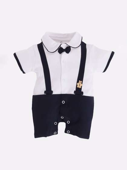 BABY GO Infant Boys
                    White & Navy Blue Solid Cotton Rompers